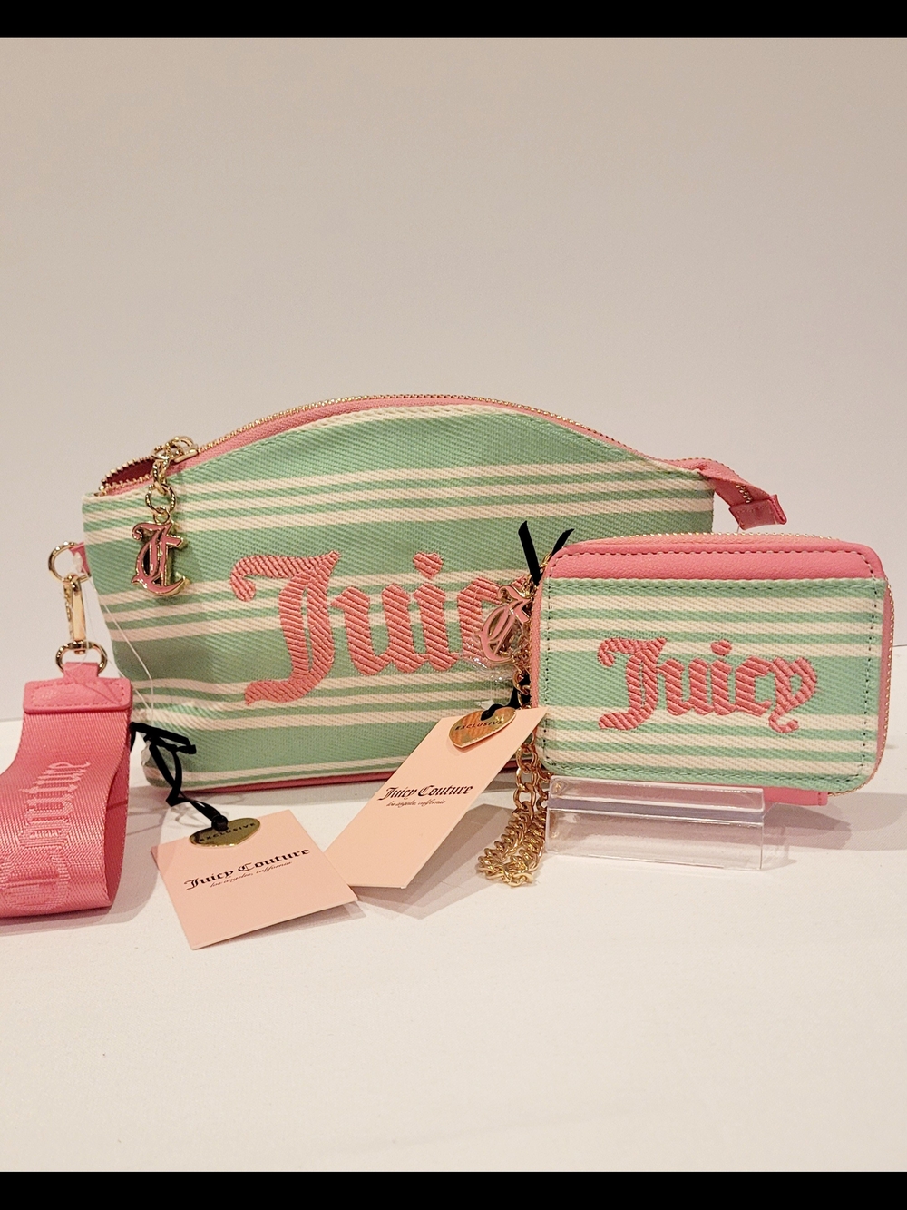 Juicy Couture Mint & Pink Stripe Cosmetic Pouch + Card Case - Picture 2 of 4